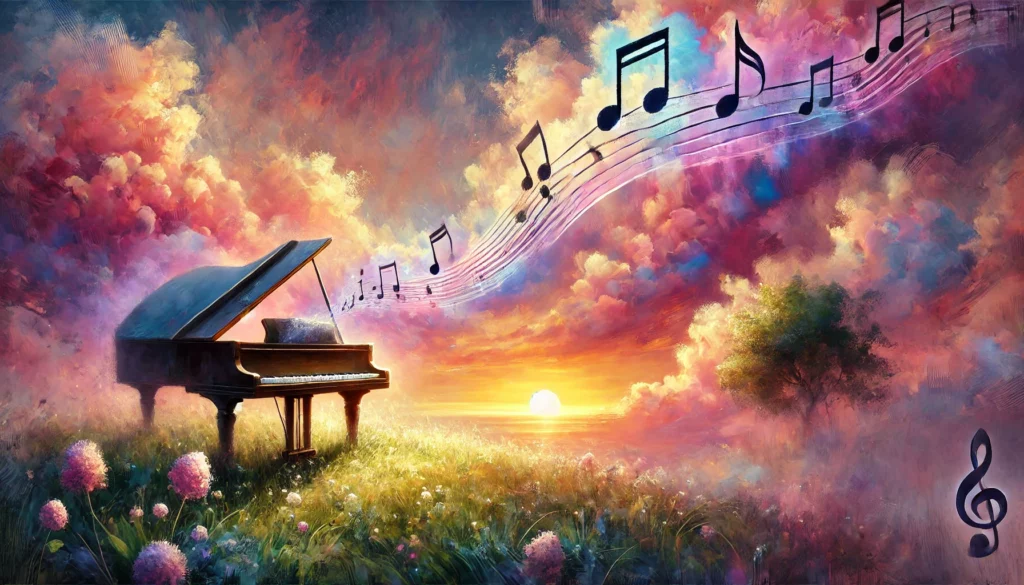 Colours and notes exploding from a piano